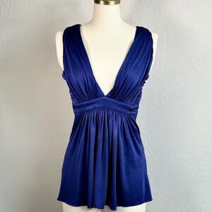 Sky Blue Deep V Neck Tunic Top Small Sexy Sleeveless Ruched Back Y2K Sexy